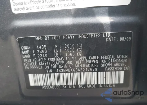 2010 Subaru Legacy 2.5I Limited из США, поврежденный, VIN 4S3BMBK63A3217679